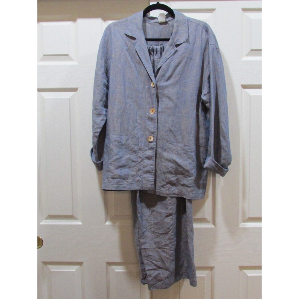 GERTIES Linen 2 Pc Pant Suit BLUE/PEACH WITH PEACH BUTTONS SZE m FITS TO XL